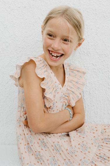 Zara FLORAL RUFFLE TEXTURED DRESS - Light beige
