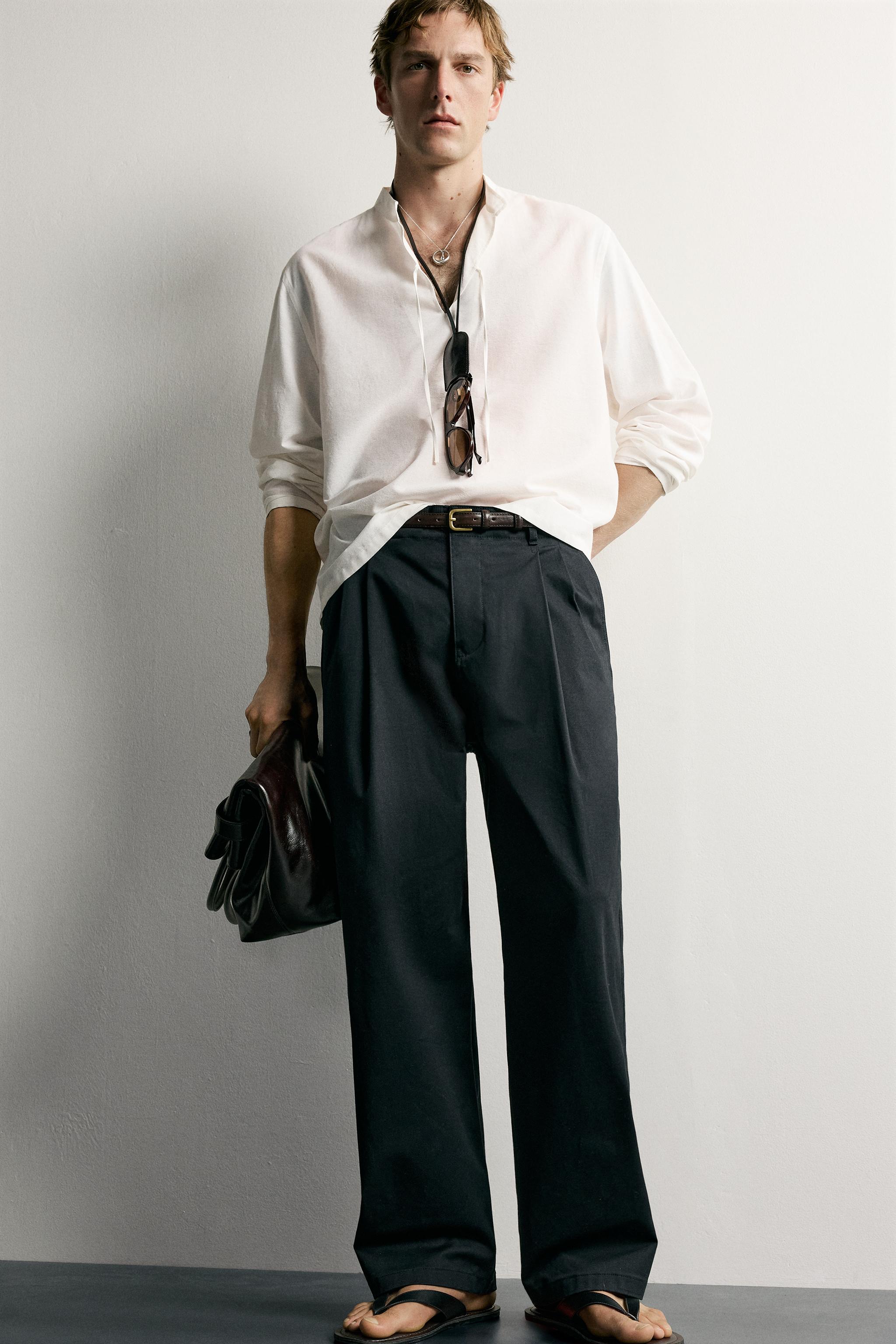 Мужские рубашки Zara COTTON VISCOSE TIE DETAIL RELAXED FIT SHIRT — фото 6