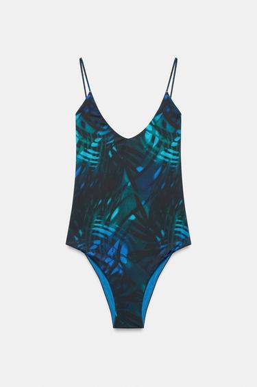Zara LEAF PRINT SWIMSUIT - Blue