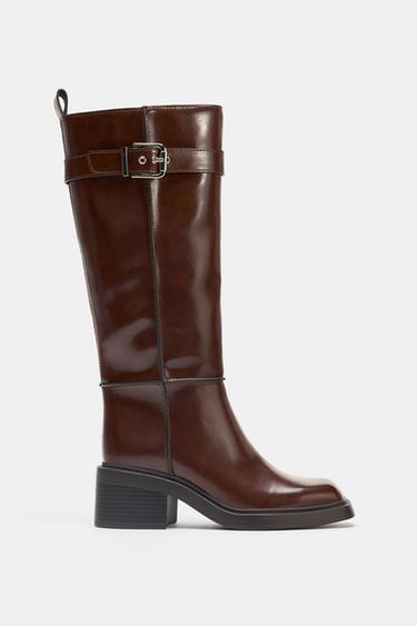 CONTRAST TOPSTITCH KNEE-HIGH BOOTS - Burgundy Red by Zara