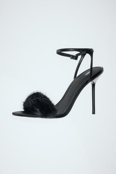 FAUX FUR STRAP HIGH-HEEL SANDALS - Black by Zara