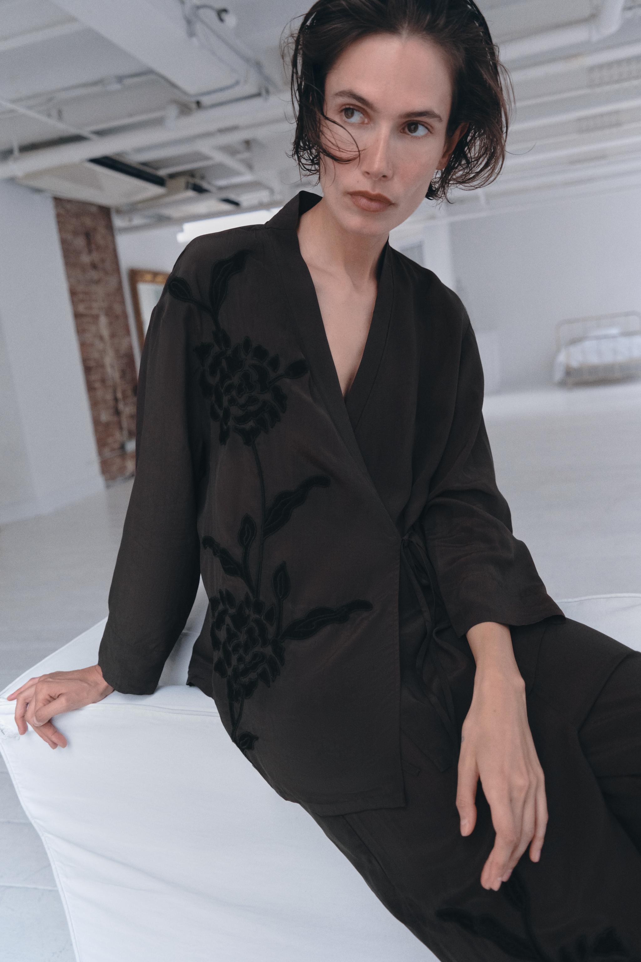 VELVET EMBROIDERY WRAP BLOUSE