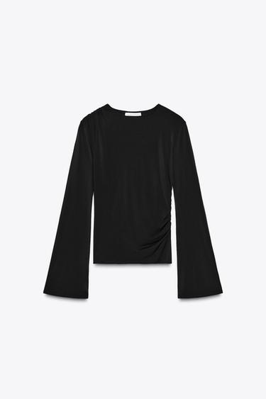 LONG SLEEVE GATHERED T-SHIRT - Black by Zara