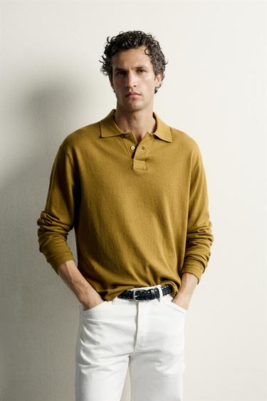 COTTON-CASHMERE KNIT POLO — Mustard 2