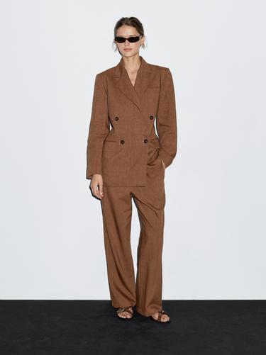 Zara Linen blend wide-leg trousers - Brandy