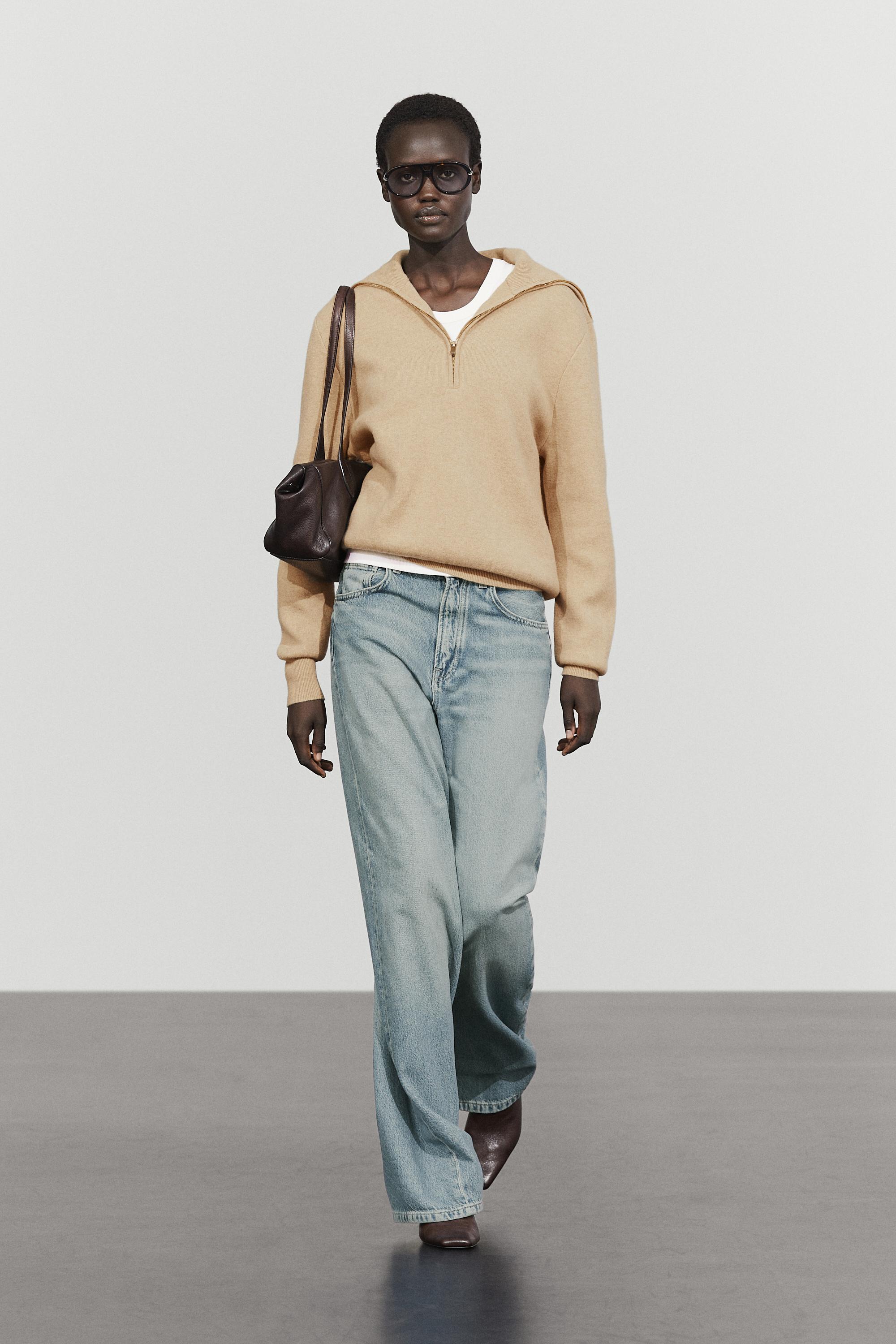 Wide collar zip-up knit sweater — Dark mink