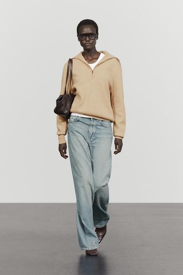Wide collar zip-up knit sweater — Dark mink 1