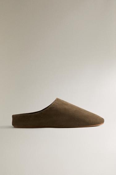 Zara LEATHER MULE SLIPPERS - Khaki Green