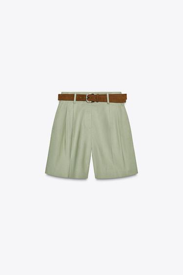 PLEATED BERMUDA SHORTS WITH LINEN BLEND AND BELT - Light khaki by Zara