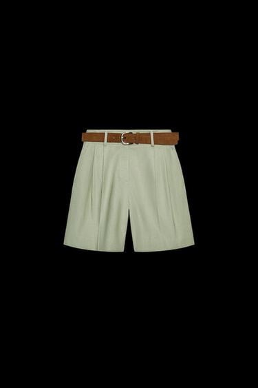 Zara LINEN PLEATED BELTED BERMUDA SHORTS - Light khaki - Image 0