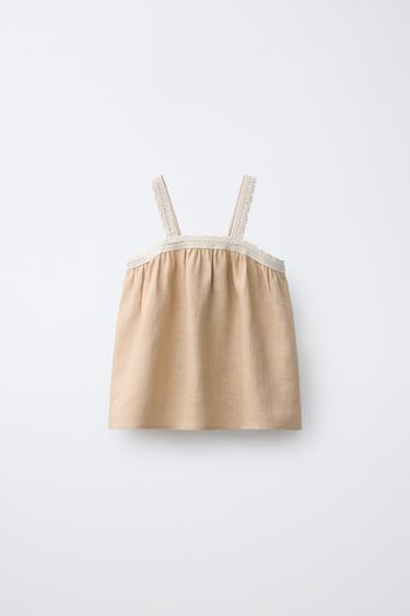 100% LINEN CROCHET TOP - camel by Zara