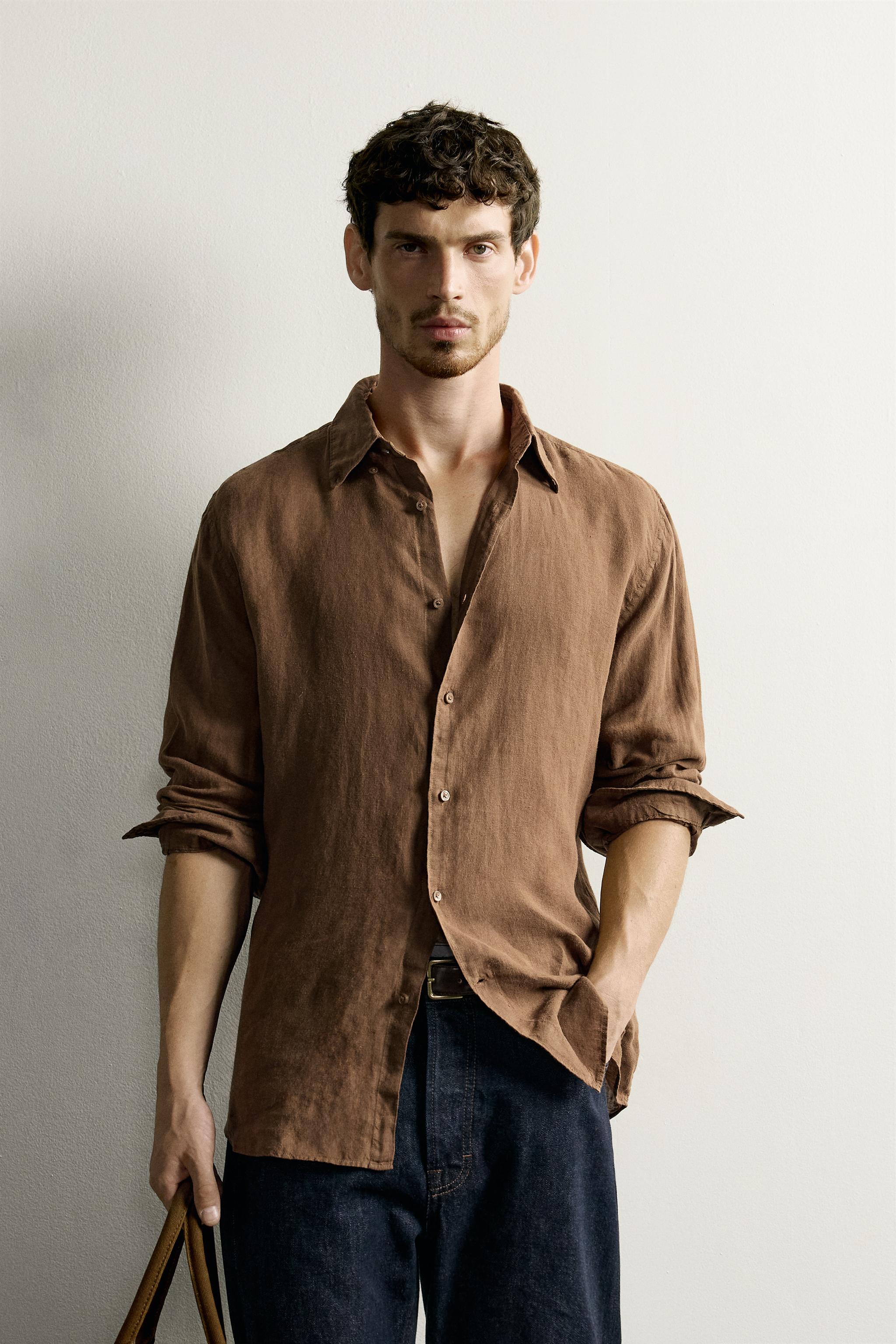 100% LINEN REGULAR FIT SHIRT — Caramel