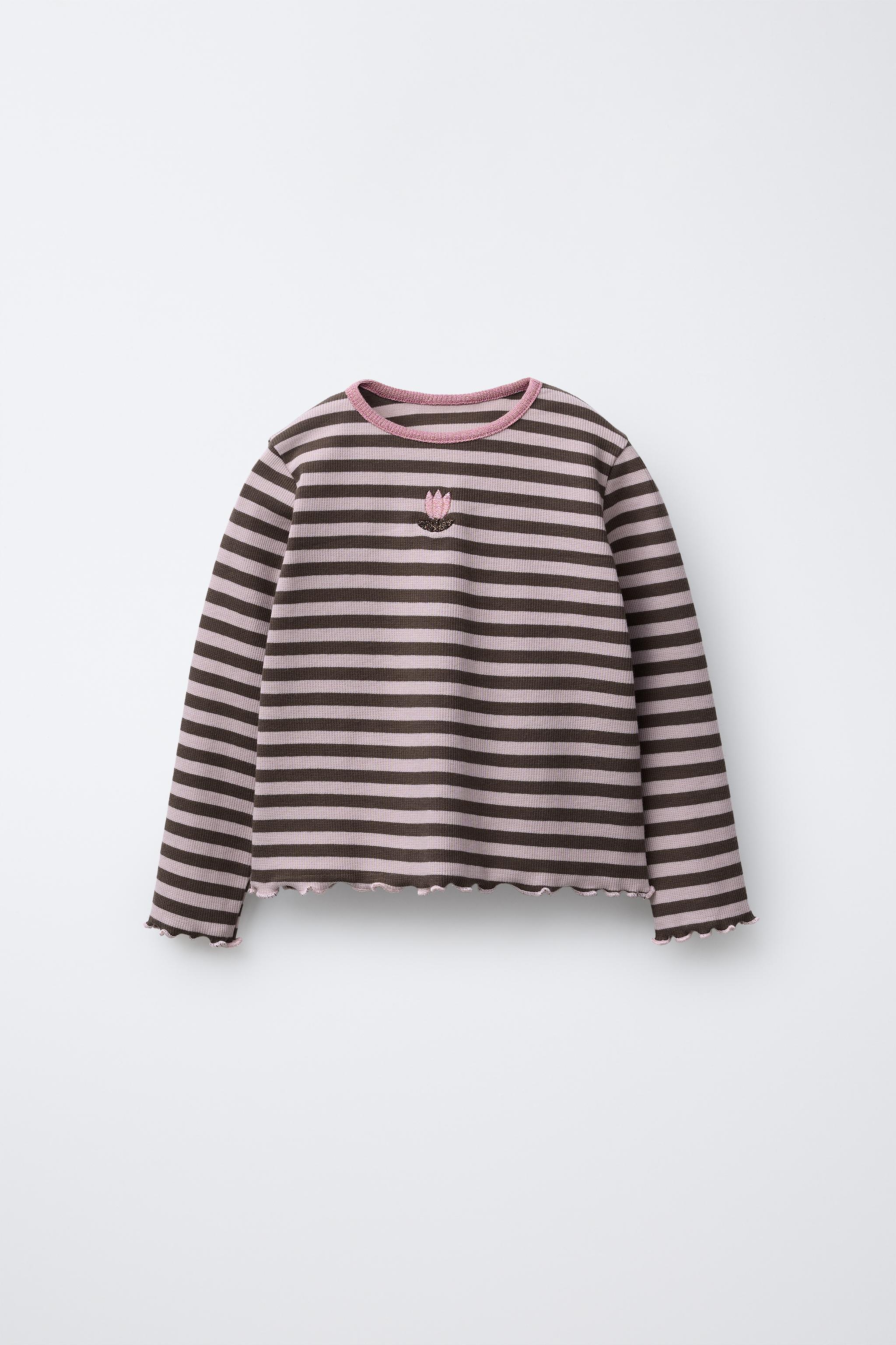 SPARKLY STRIPED EMBROIDERED T-SHIRT - Mid-pink | ZARA Canada