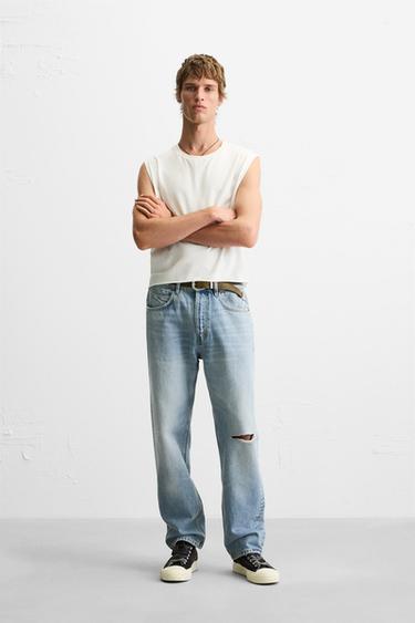ダメージ加工レギュラーストレートフィットジーンズライトブルーZaraのダメージ加工レギュラーストレートフィットジーンズ - ライトブルー 