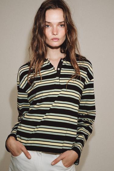 STRIPED LONG SLEEVE POLO SHIRT - Brown-Blue by Zara