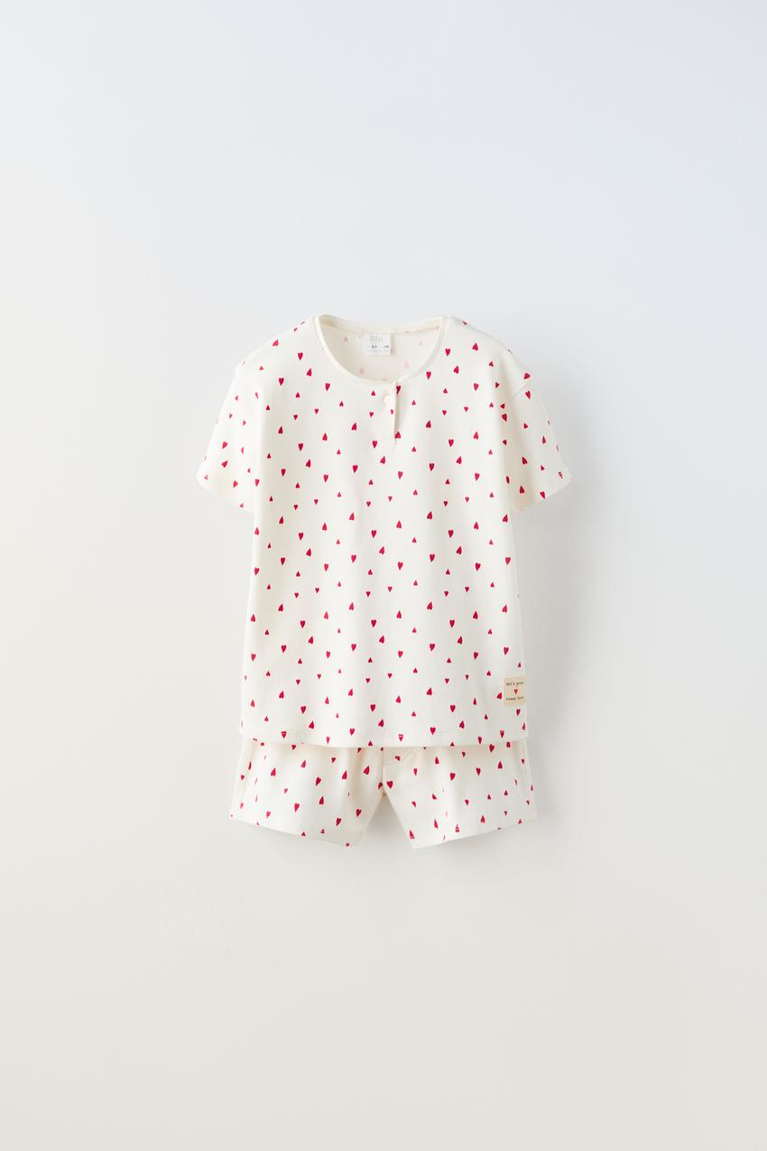 HEARTS T-SHIRT AND SHORTS MATCHING PAJAMA SET - Ecru