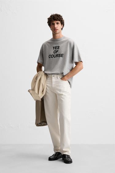 Zaras T-SHIRT MED TEXT MED TEXTUR - Gråmelerad grå