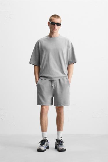 Zara RELAXED FIT WASHED JOGGER SHORTS - Light gray