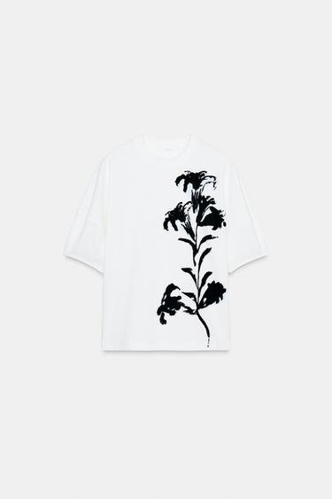 Zara CONTRAST FLOWER T-SHIRT - White