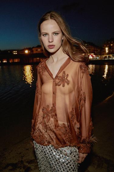 SEMI-SHEER SEQUINNED FEATHER SHIRT - Russet by Zara - Image 4