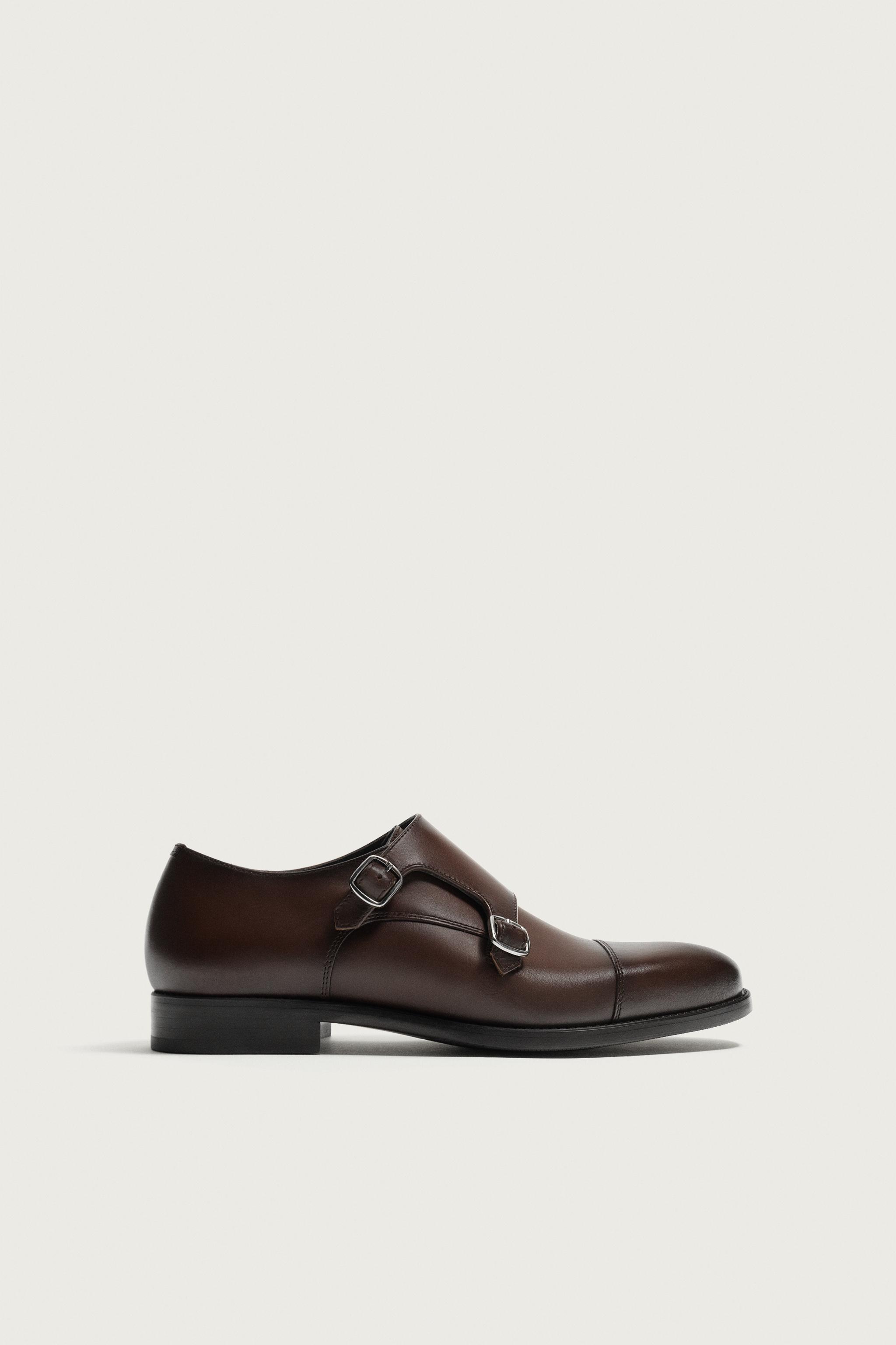 DOUBLE BUCKLE LEATHER SHOES — Brown