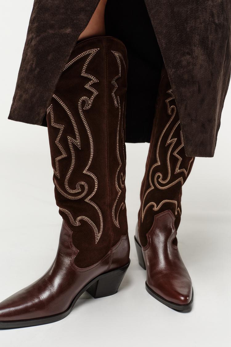 EMBROIDERED LEATHER COWBOY BOOTS Burgundy Red ZARA United States