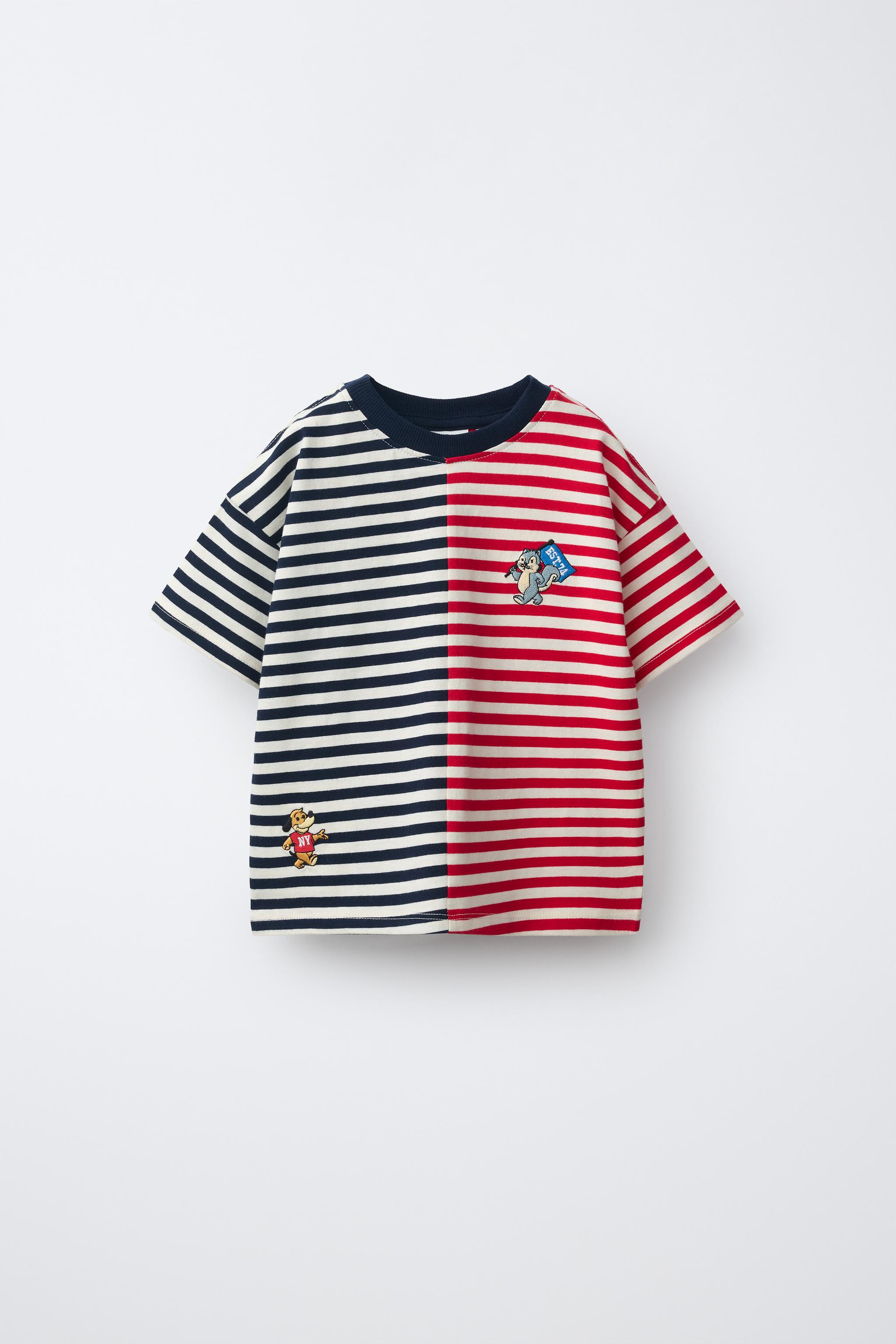 STRIPED EMBROIDERED T-SHIRT — Red / Navy
