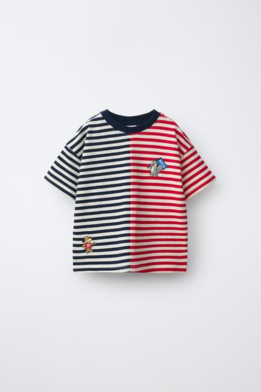 Zara STRIPED EMBROIDERED T-SHIRT - Red / Navy