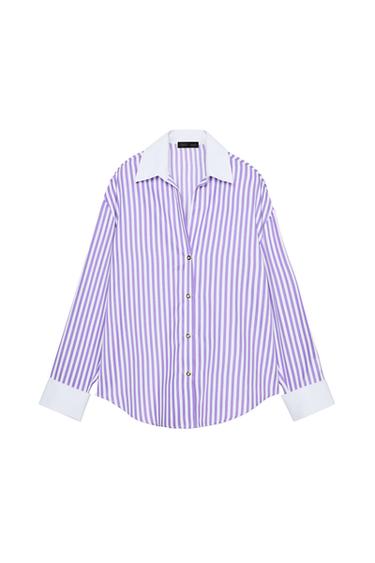 Front view of a lilac and white striped shirt, white shirt collar, long sleeves, white cuffs, front button fastening.
