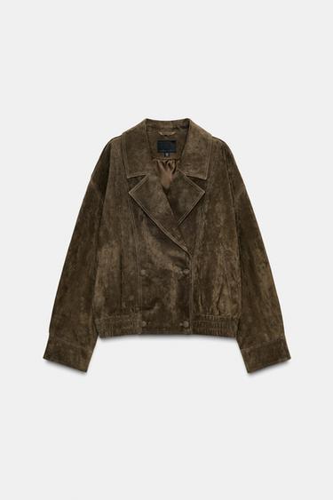 BLOUSON EN CUIR 100% DAIM AVEC EFFET FOURRURE - Kaki de Zara - Image 7