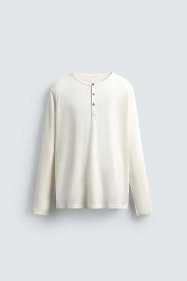 HEMP AND VISCOSE BUTTON-NECK T-SHIRT - Ecru by Zara