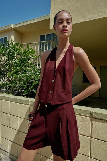 LINEN BLEND BERMUDA SHORTS WITH DARTS - Burgundy by Zara