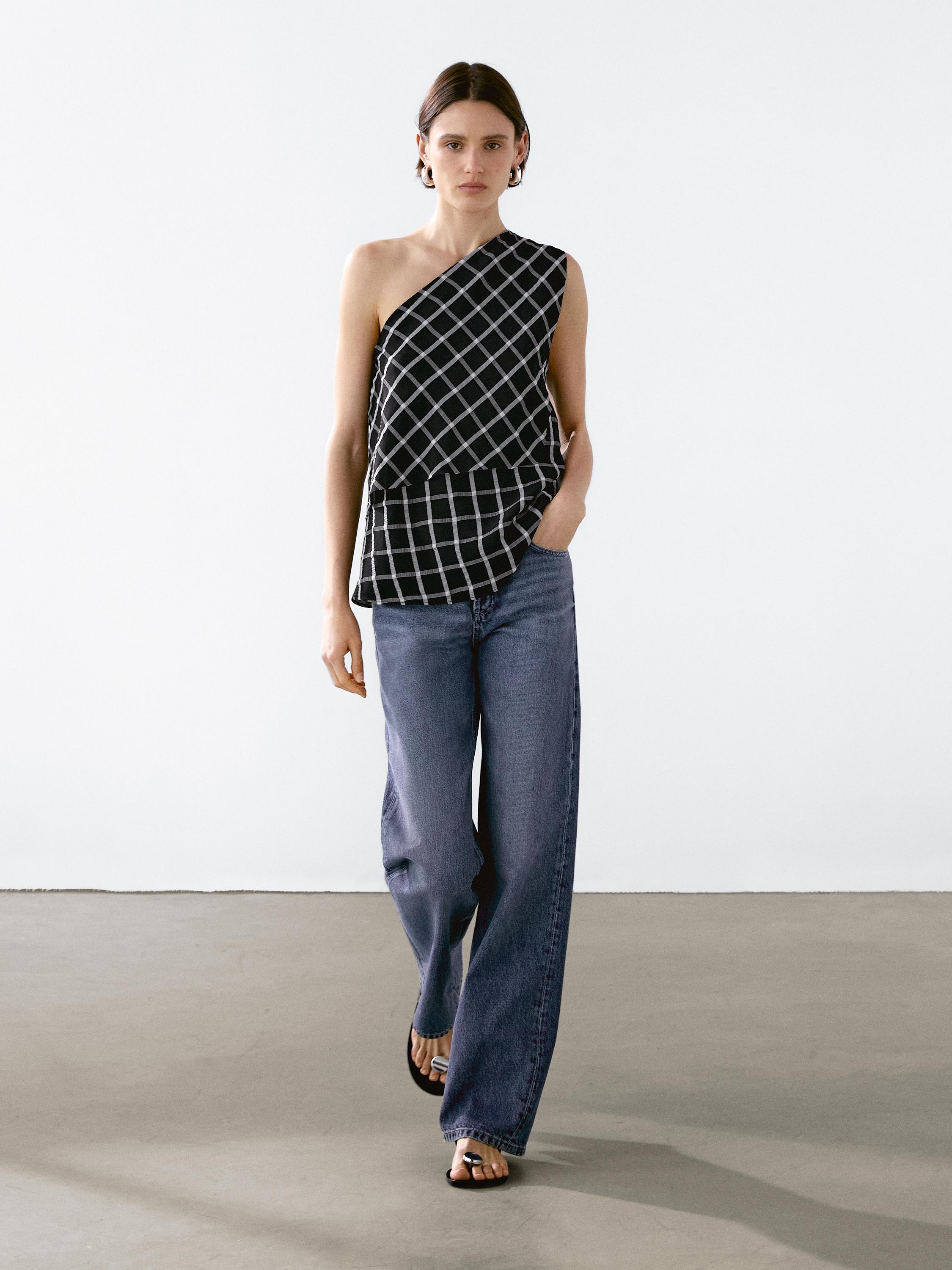 福袋特集 2024 Checked top with asymmetric neckline - Black | ZARA United トップス