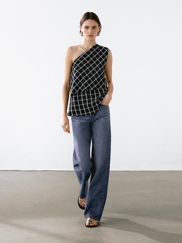 Zara Checked top with asymmetric neckline - Black