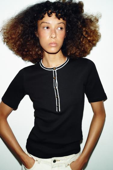 T-SHIRT LISERÉS CONTRASTE - Noir / Blanc de Zara
