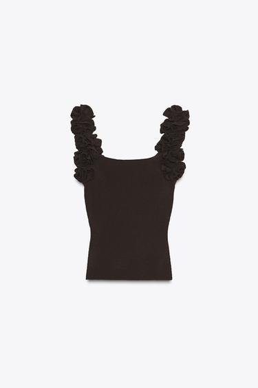 TOP EN MAILLE À BRETELLES À FLEURS - Marron de Zara - Image 6