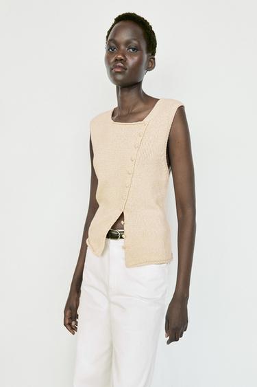 Cotton blend knit top with button detail — Ecru 2