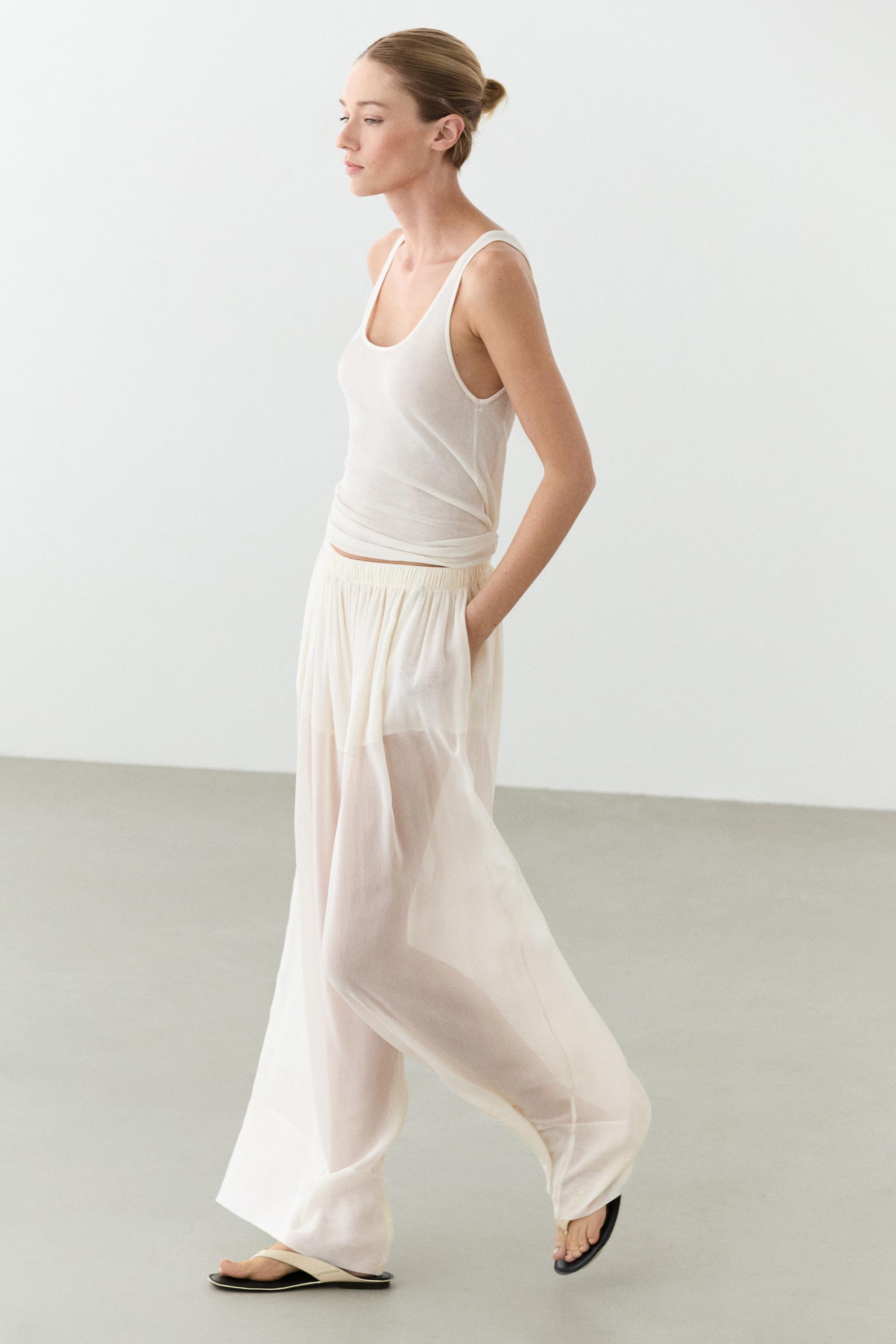 Semi-sheer flowing wide-leg pants — Oyster-white