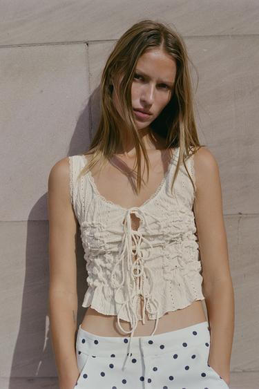 Zara RUCHED TIE TOP - Ecru