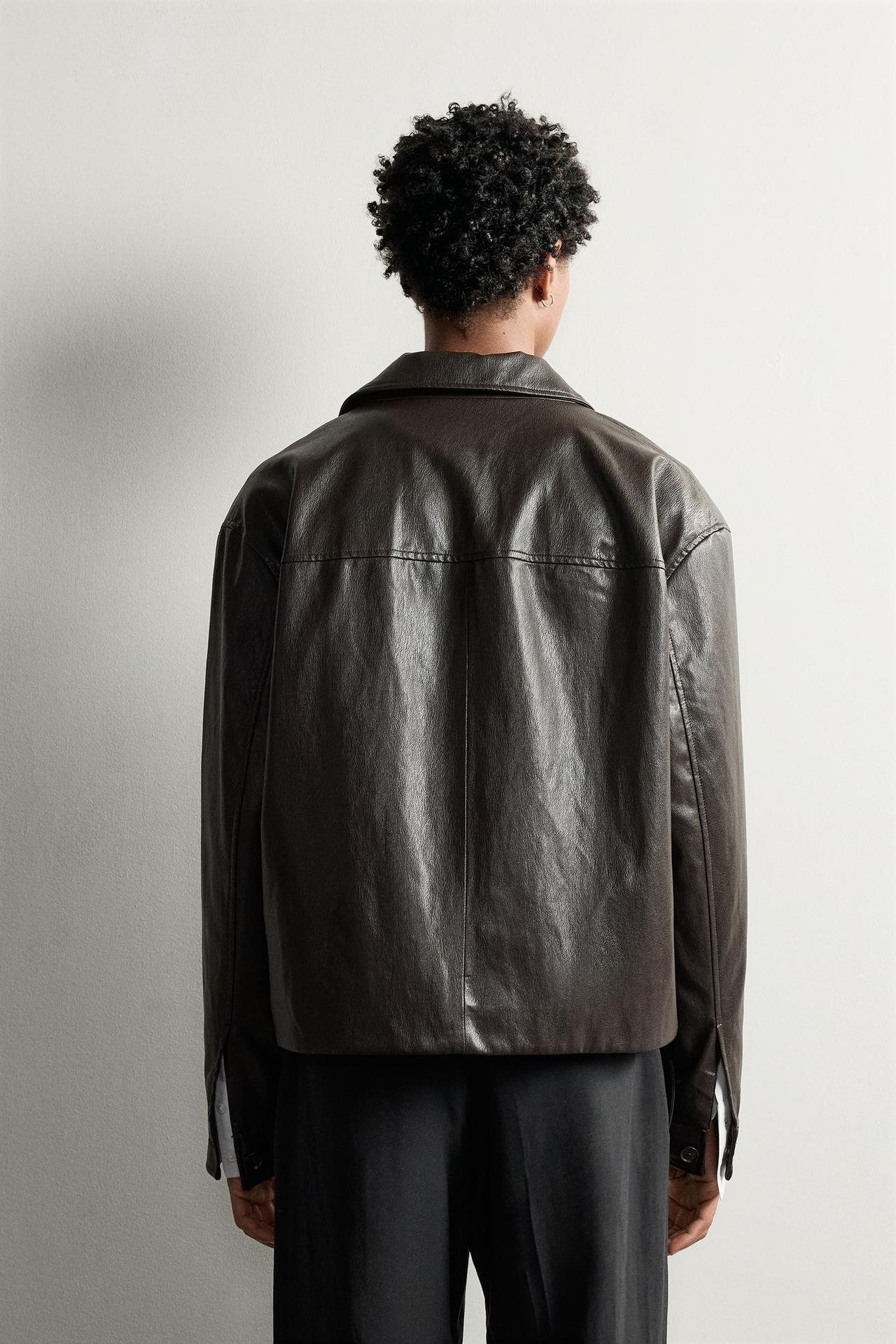 CROPPED FAUX LEATHER JACKET — Brown
