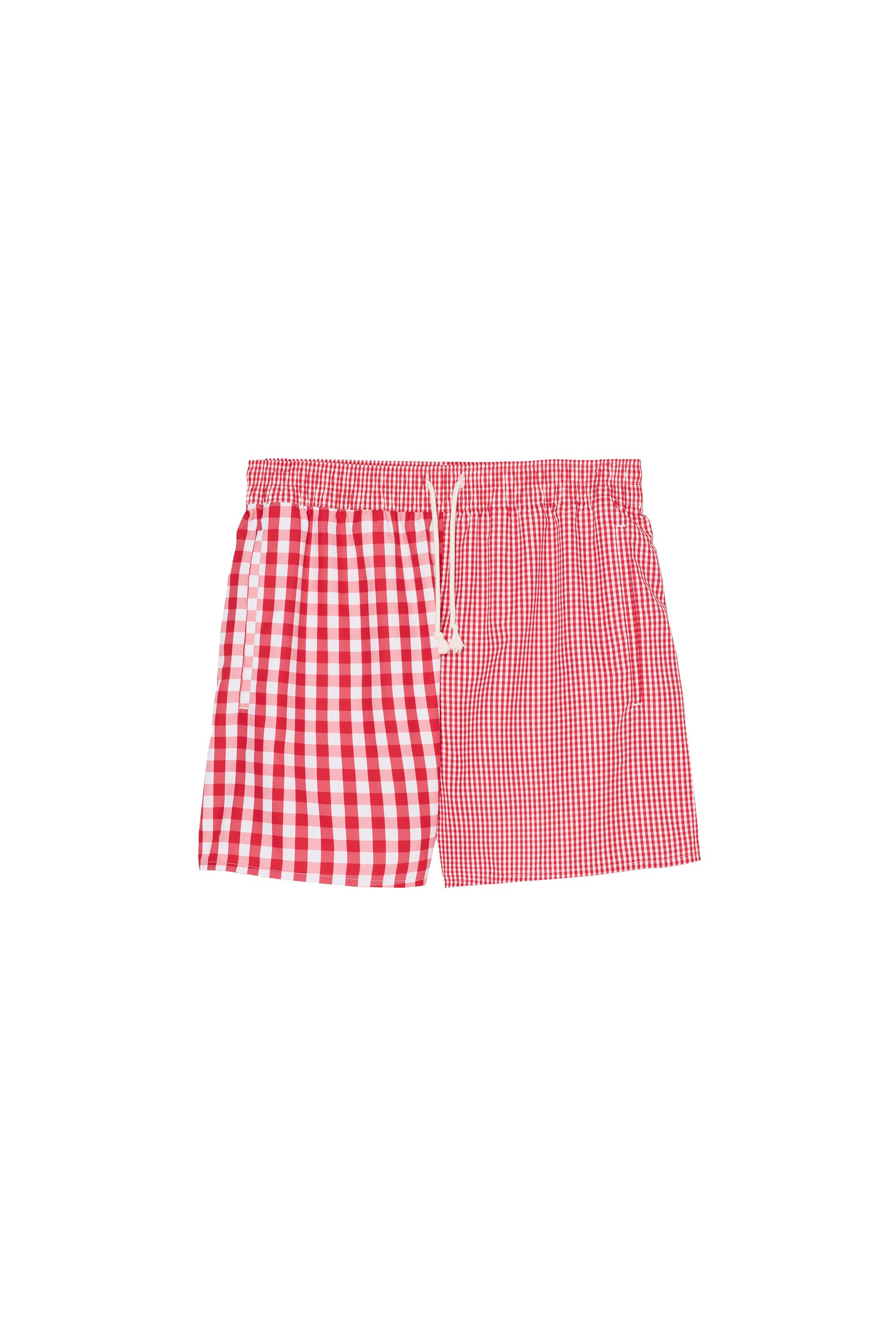 COMBINED PLAID MID-LENGTH SWIMSUIT — Red / White