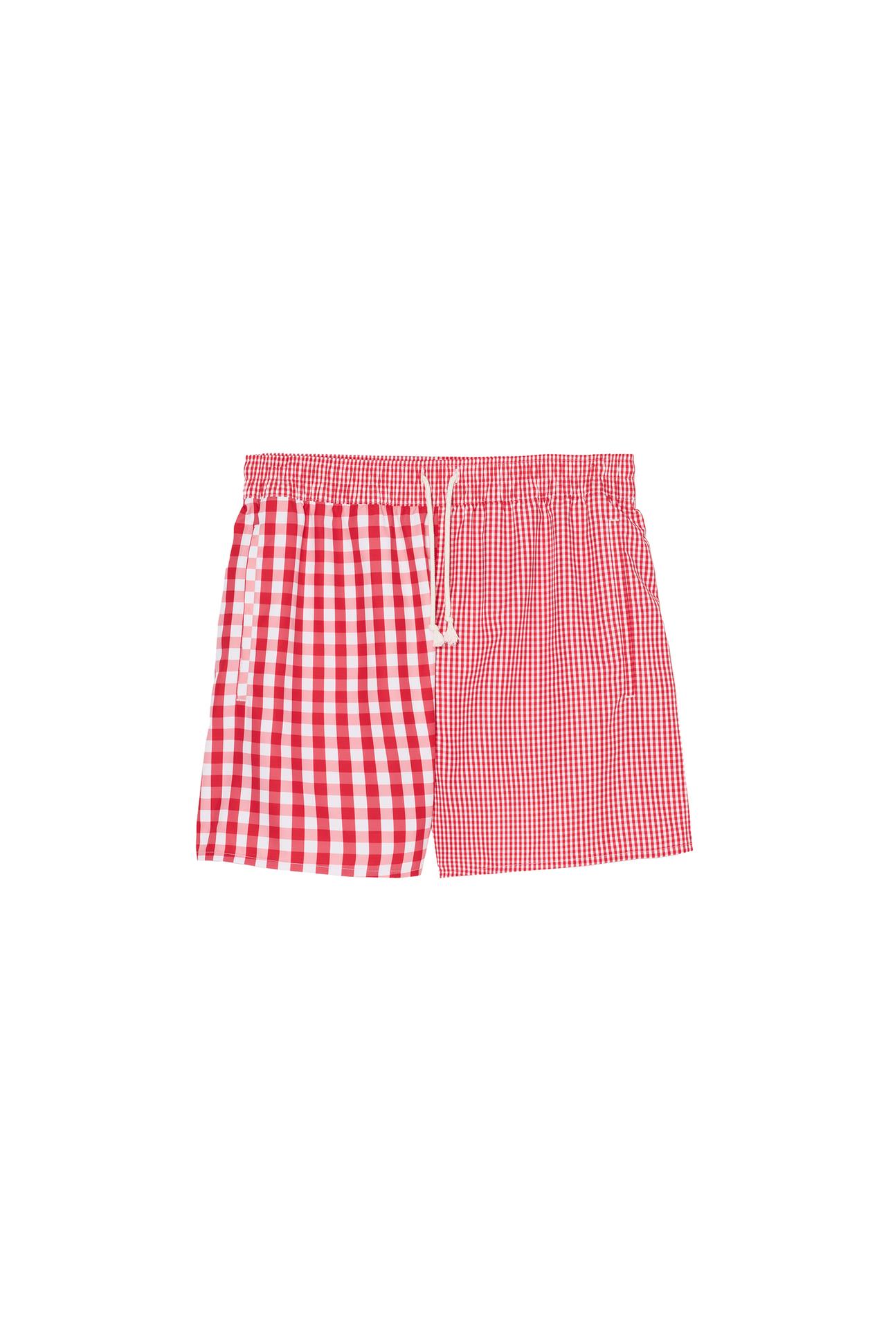 COMBINATION PLAID MID-LENGTH SWIMMING TRUNKS — Red / White