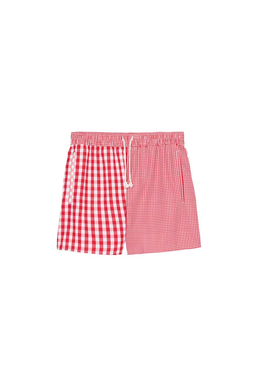 MID-LENGTH CONTRAST CHECK SWIMMING TRUNKS