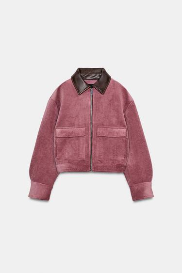 Zara CORDUROY JACKET WITH FAUX LEATHER COLLAR - MARSALA