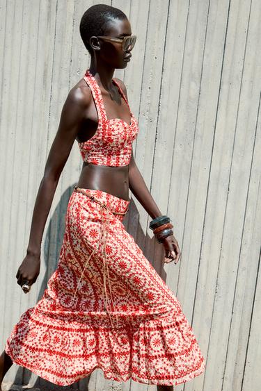 MIDI SKIRT WITH CUTWORK EMBROIDERY - Red by Zara - Image 2