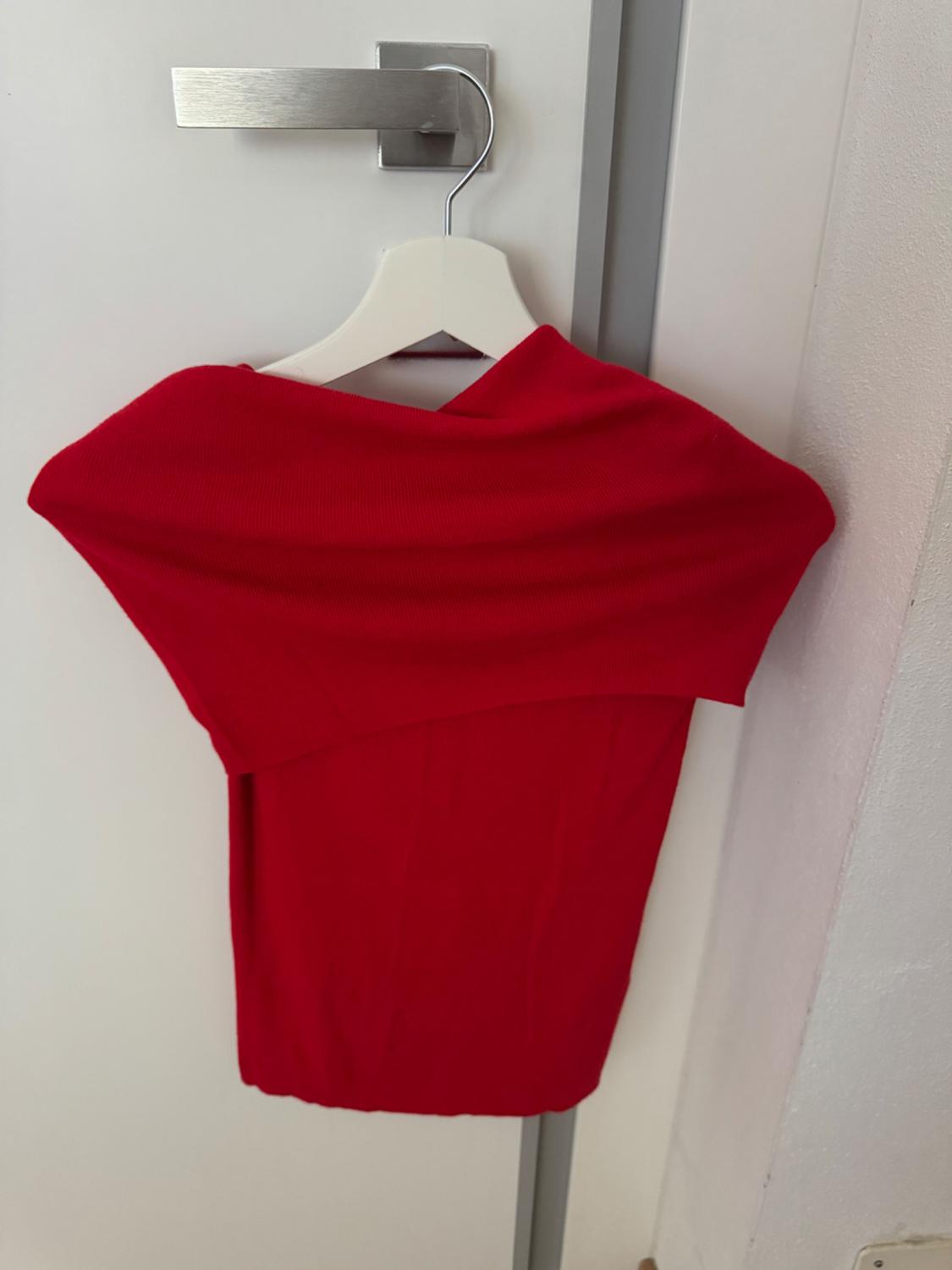 Red jumper hanging on a white hanger over a white door with a silver handle. Minimalist and modern setting.