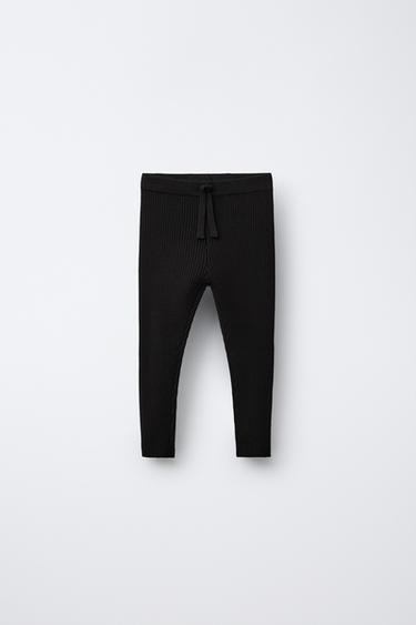 Zara RIBBED KNIT LEGGINGS - Black