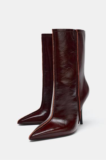 LEATHER POINTED TOE ANKLE BOOTS - Brown by Zara - Image 3