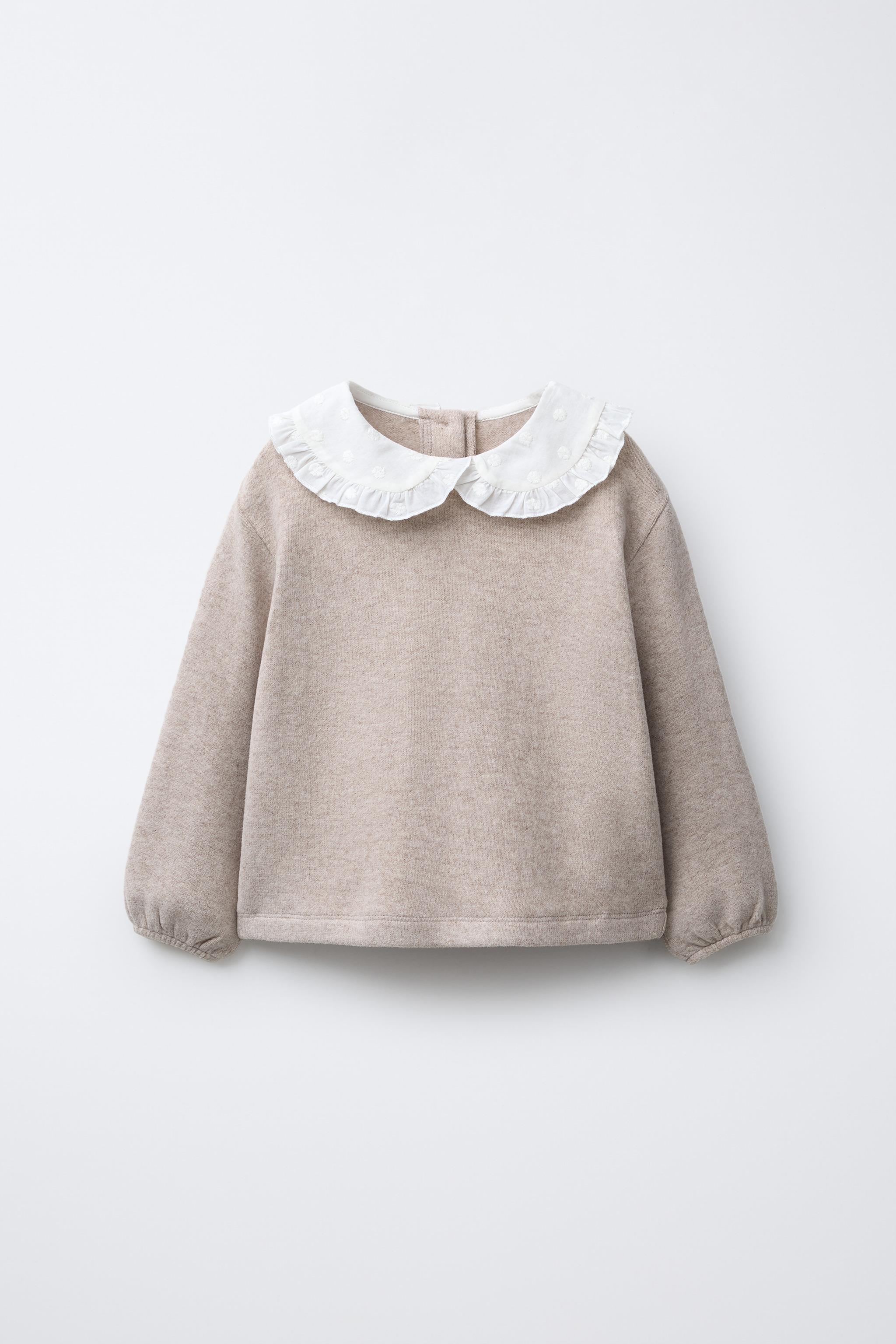 EMBROIDERED SOFT TOUCH PETER PAN COLLAR TOP - Sand / Marl | ZARA