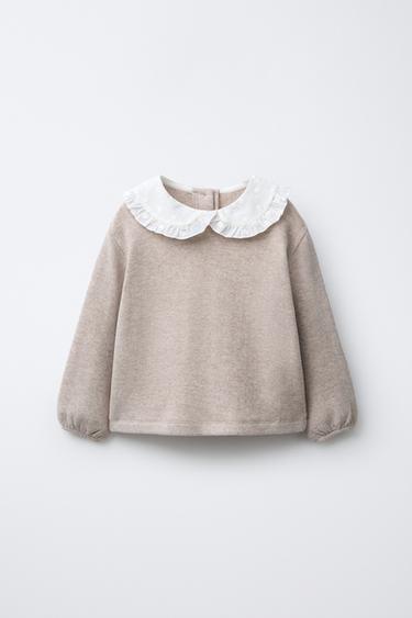 EMBROIDERED SOFT TOUCH PETER PAN COLLAR T-SHIRT - Sand / Marl by Zara
